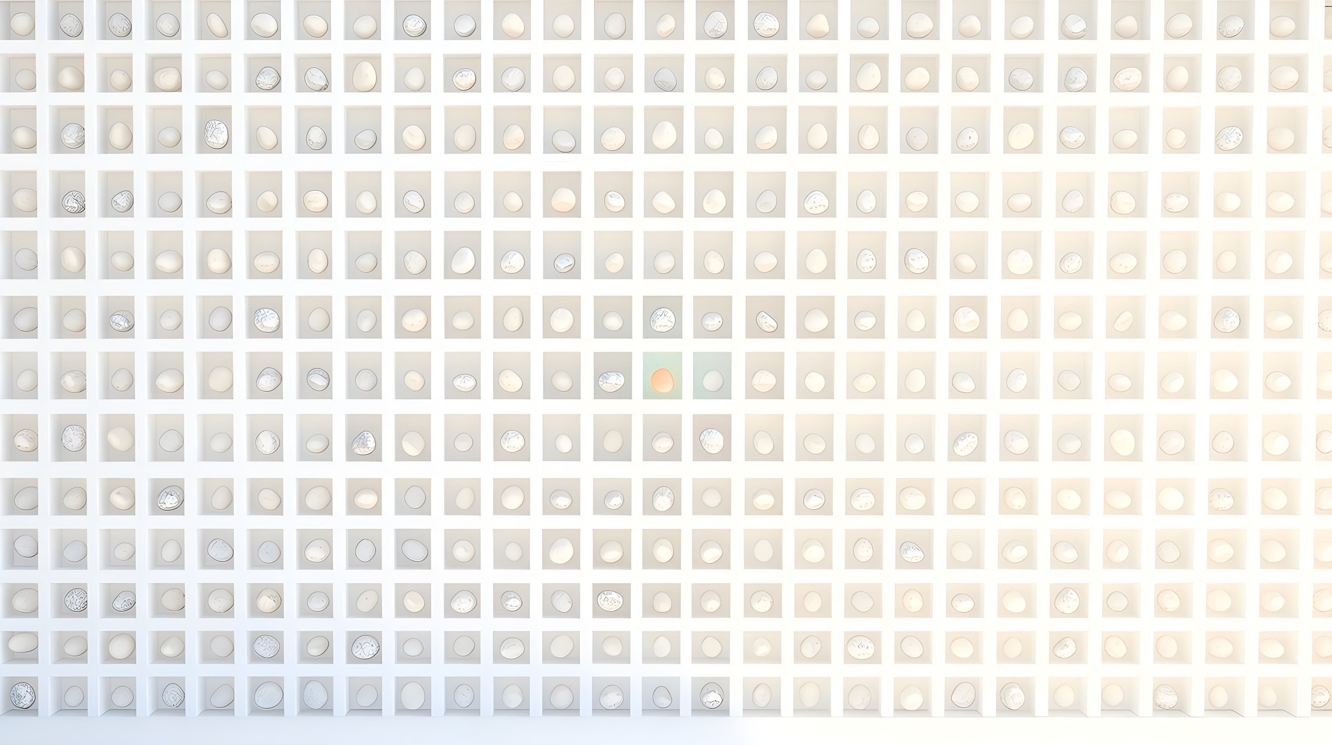 Illustration: a dark wall of regular rows of small square niches, each holding a pale stone, one niche glowing cool teal.