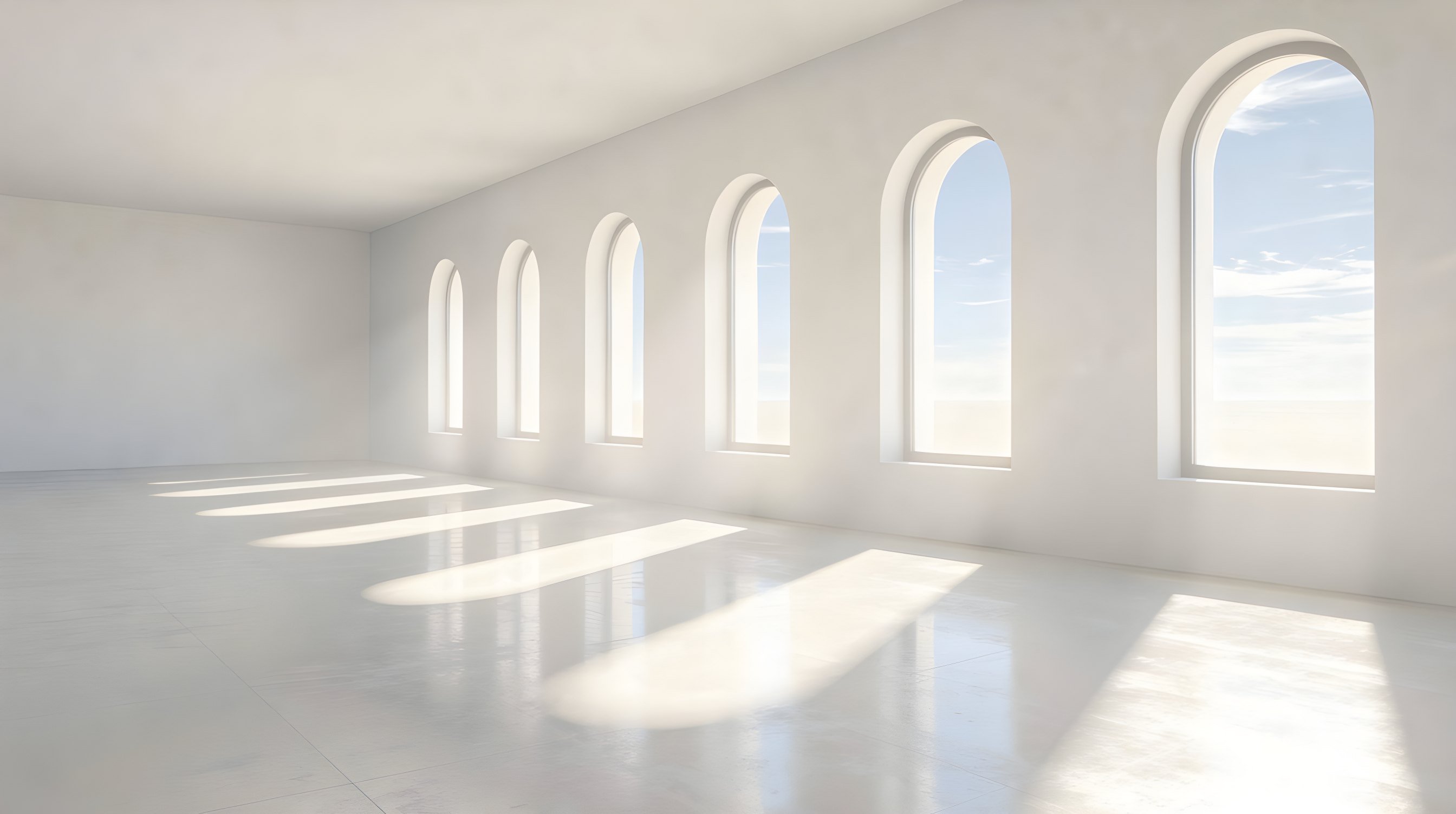 Illustration: a long dark hall with seven tall arched windows along one wall, moonlight in seven bars across the floor and the farthest window glowing teal.