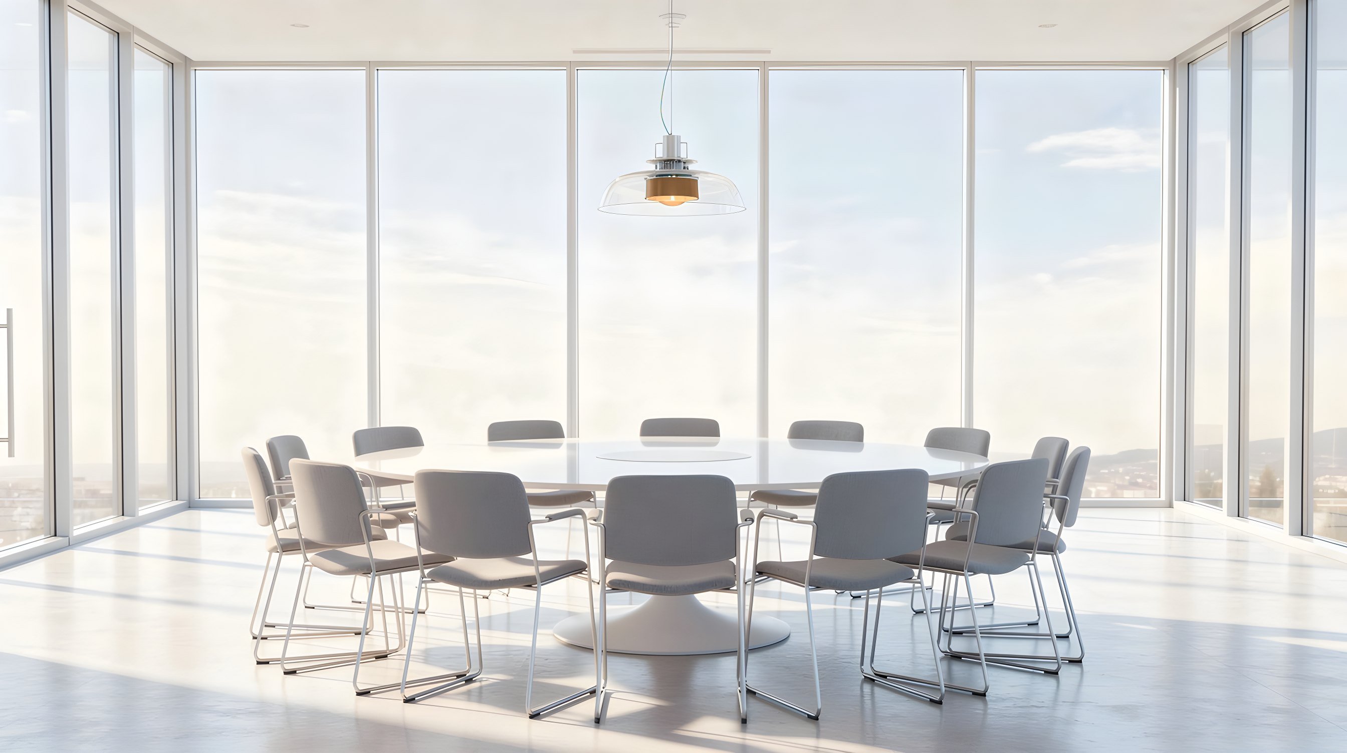 Illustration: a quiet meeting room with a round table and a ring of empty chairs under a pendant lamp glowing cool teal.