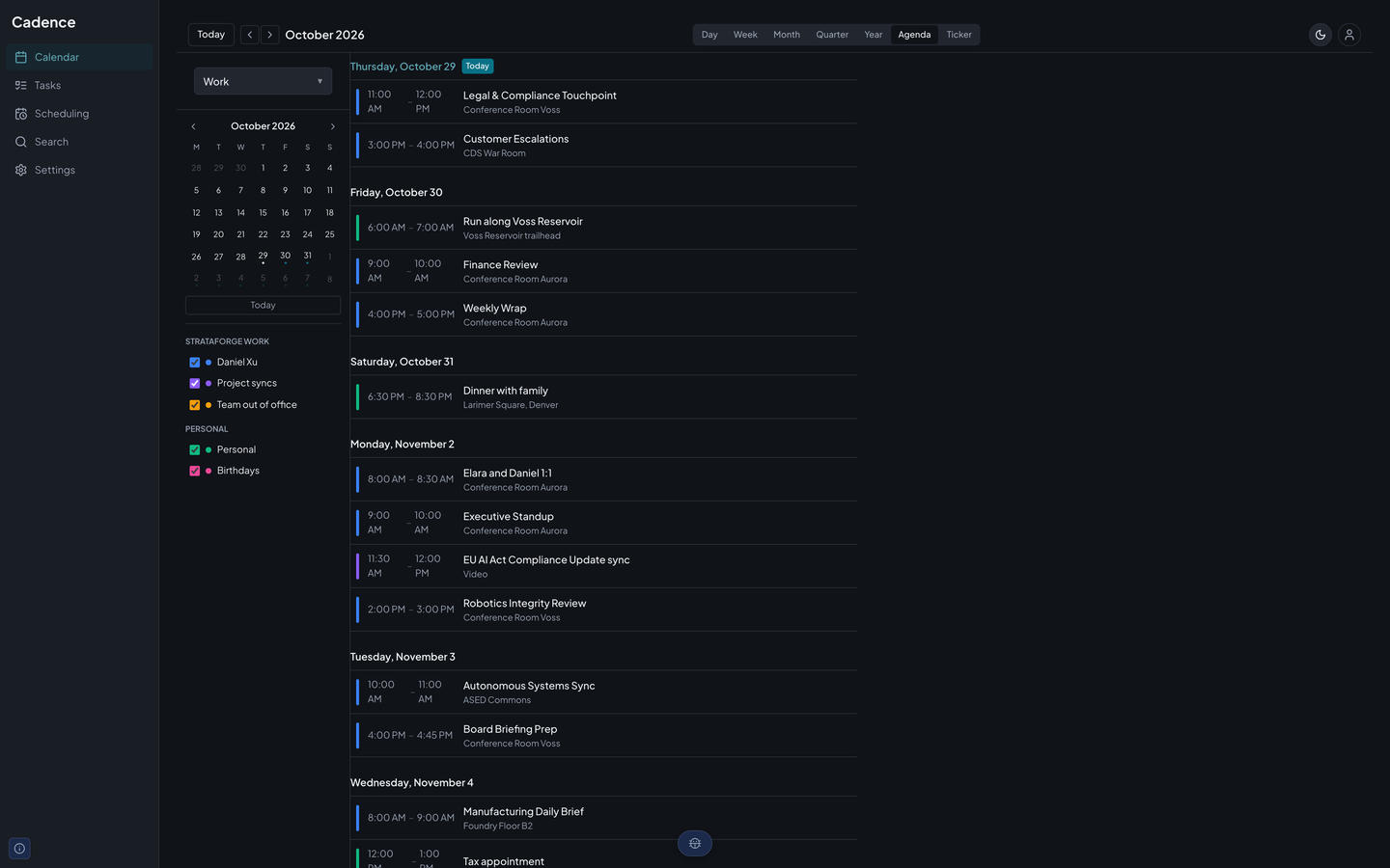 Cadence's agenda view, a scrolling list of upcoming events grouped by day with their times.