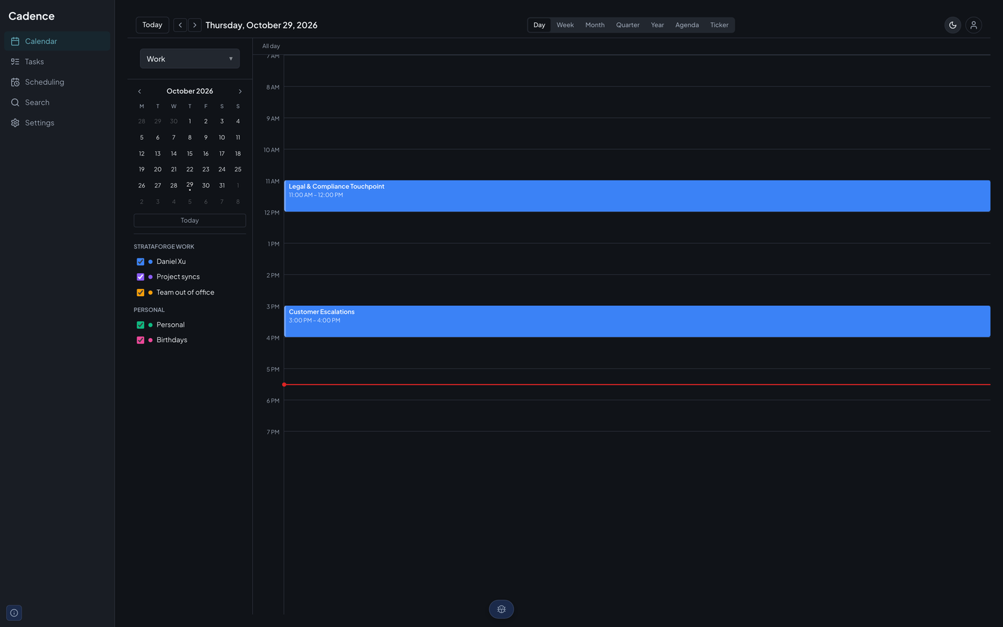 Cadence's day view of one day, an hourly grid with that day's meetings in blue.