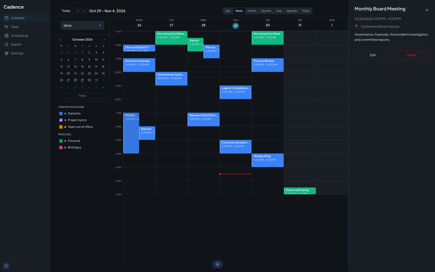 The event panel slid over the week view, showing the Monthly Board Meeting with its date, time, room, and description, plus Edit and Delete buttons.