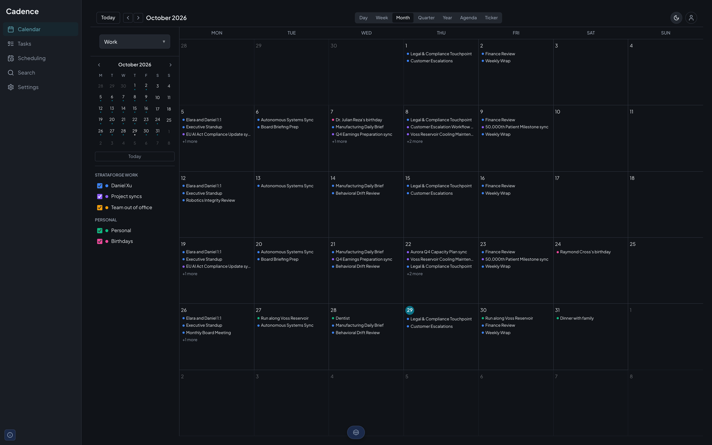 Cadence's month view for October 2026 showing each day's meetings as short lines, a plus-more link on crowded days, and a pink birthday for a StrataForge colleague.