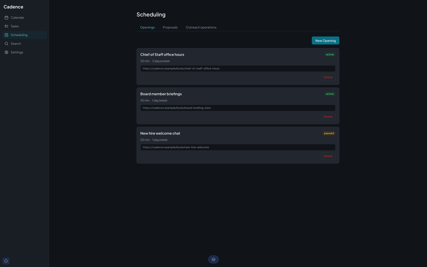 Cadence's Scheduling page on the Openings tab, listing the booking links for office hours and board briefings with their durations and status.