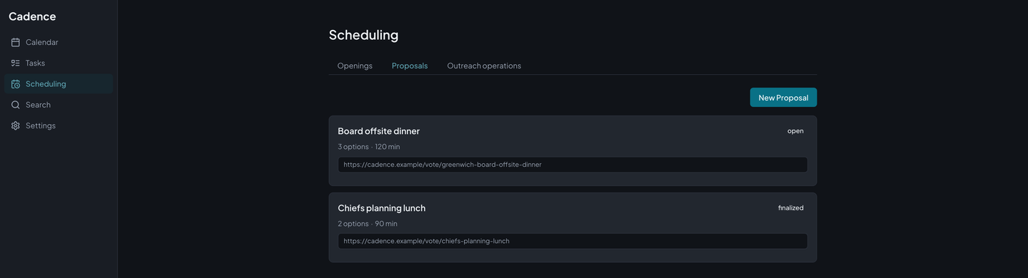 Cadence's Scheduling page on the Proposals tab, listing an open time poll for a board dinner and a finalized planning lunch, each with a voting link.