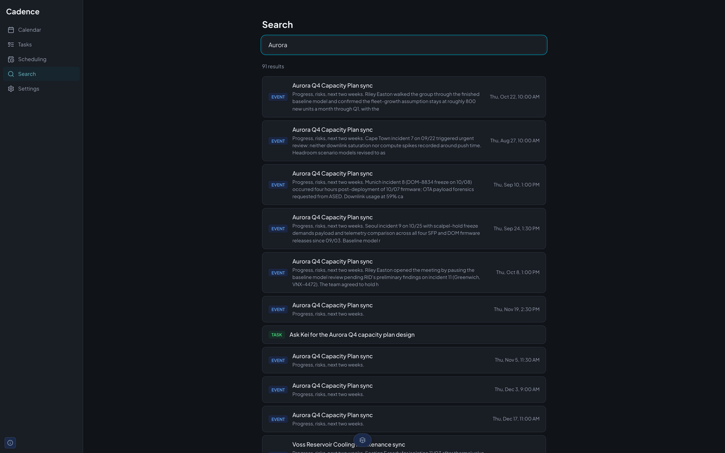Cadence's Search page after searching for Aurora, listing matching meetings and a task with the number of results at the top.