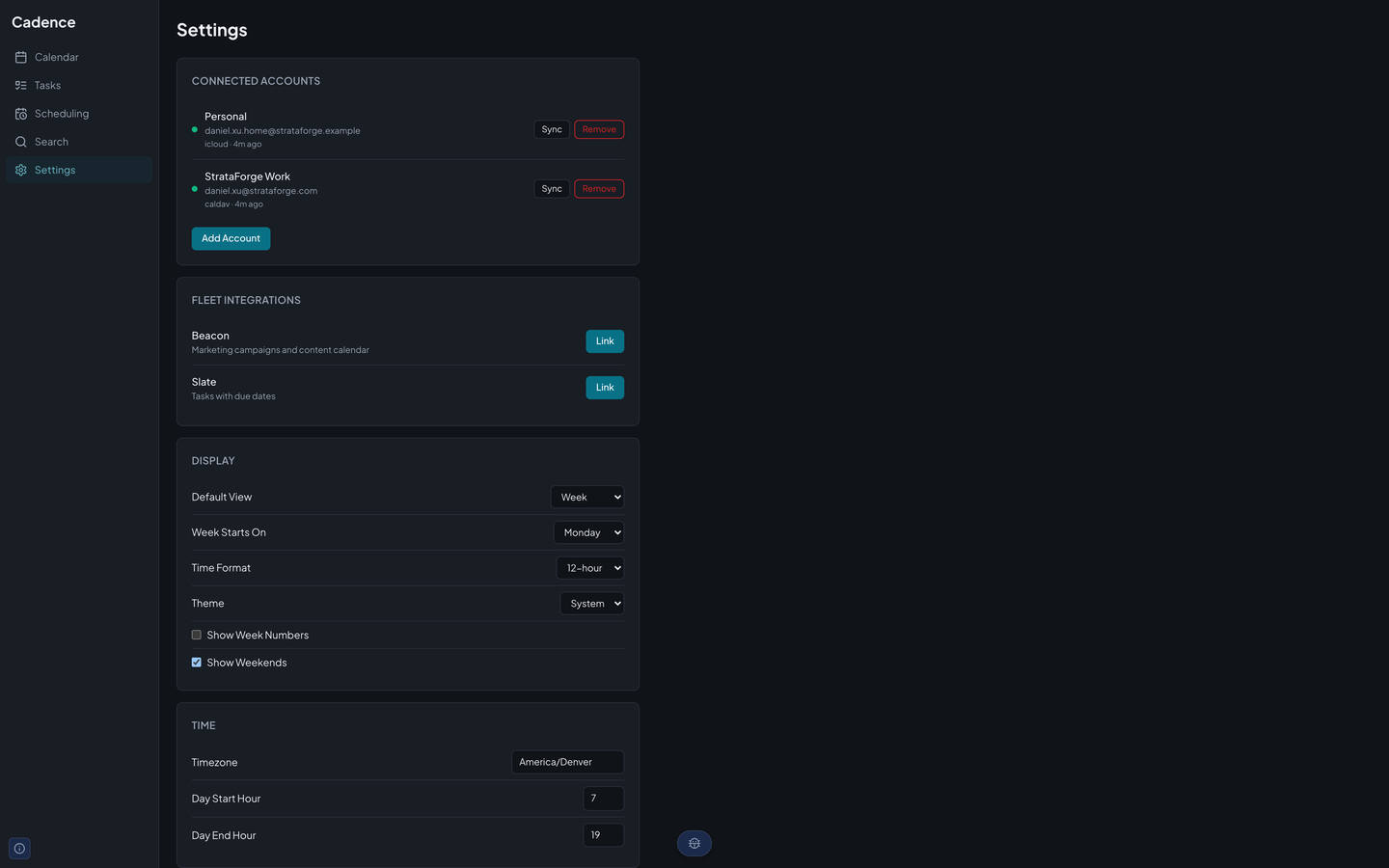 Cadence's Settings page with connected accounts, fleet integrations, and display and time preferences.