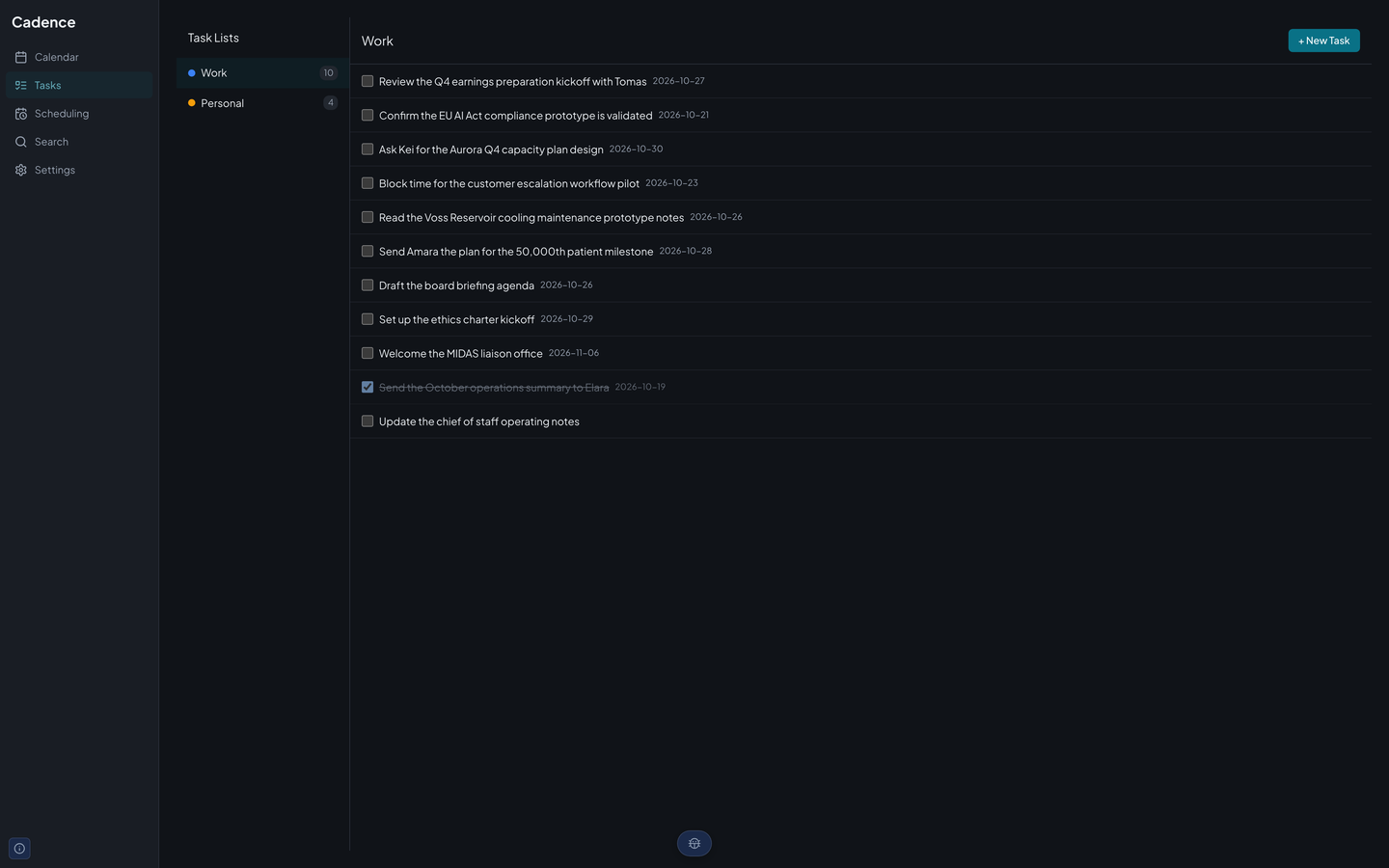 Cadence's Tasks page with a Work list on the left and its tasks on the right, each with a check box and a due date, and one struck through as done.