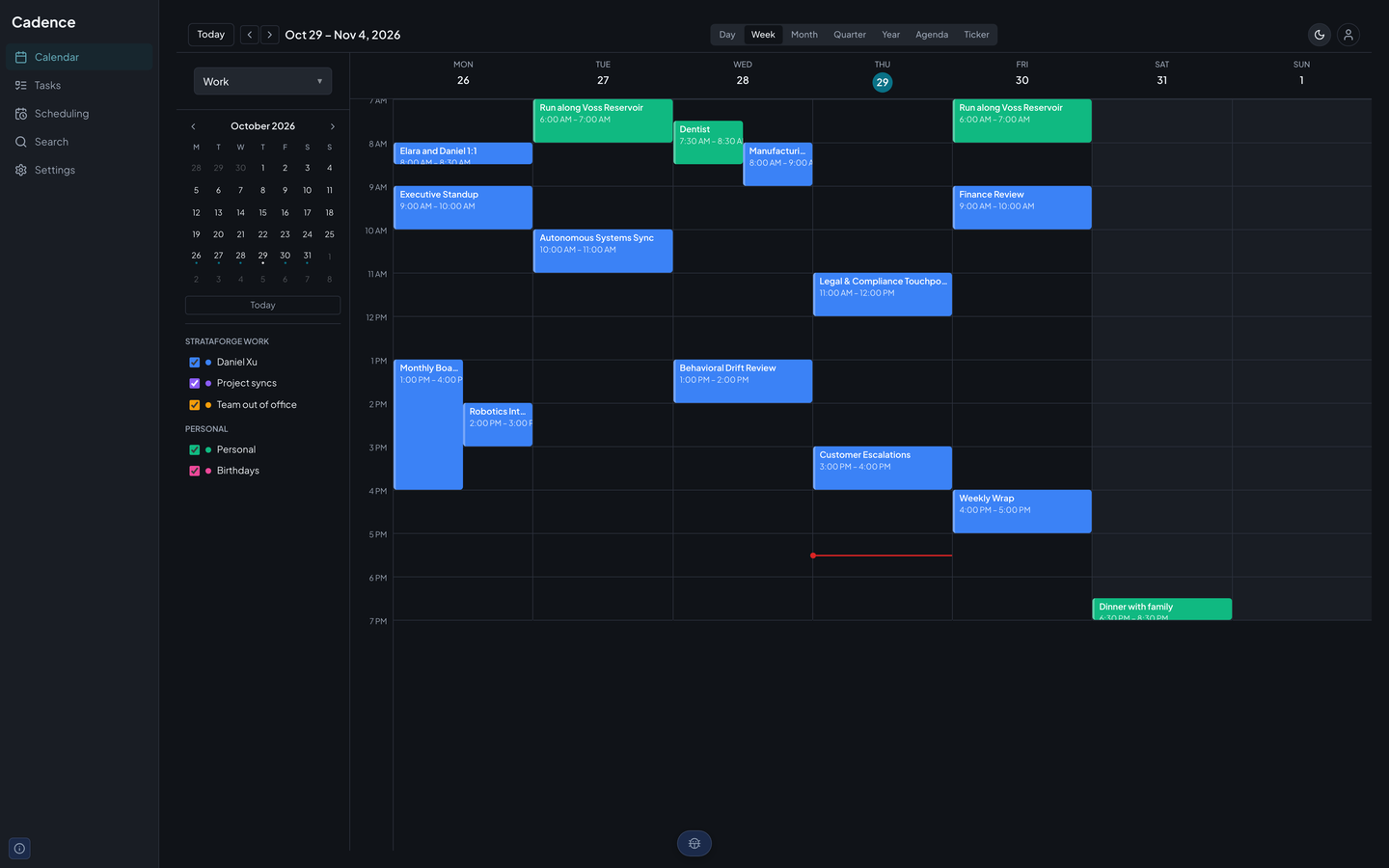 Cadence's week view for Daniel Xu, Chief of Staff at the fictional StrataForge Robotics: a Monday to Sunday grid with the Executive Standup, the Monthly Board Meeting, and other meetings in blue, personal events in green, and a red line at the current time.
